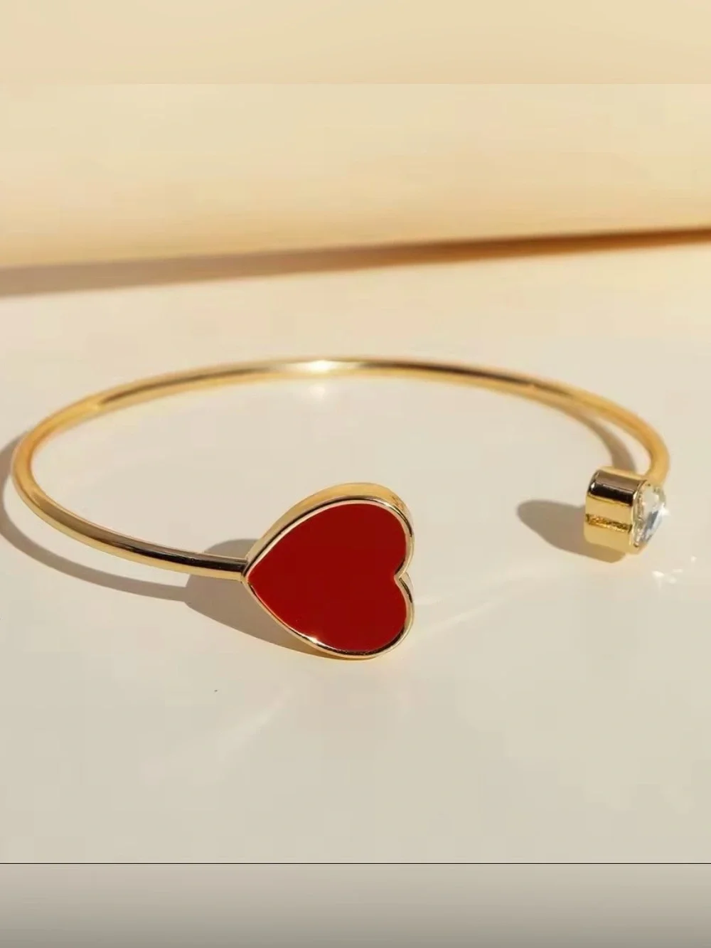 Gold Red Heart Open Cuff Bracelet – CZ Crystal Accent ❤️